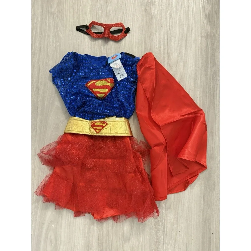 Supergirl Costume Kits Sparkle Tutu Halloween Dress Belt Mask Cape Size 8-10 M